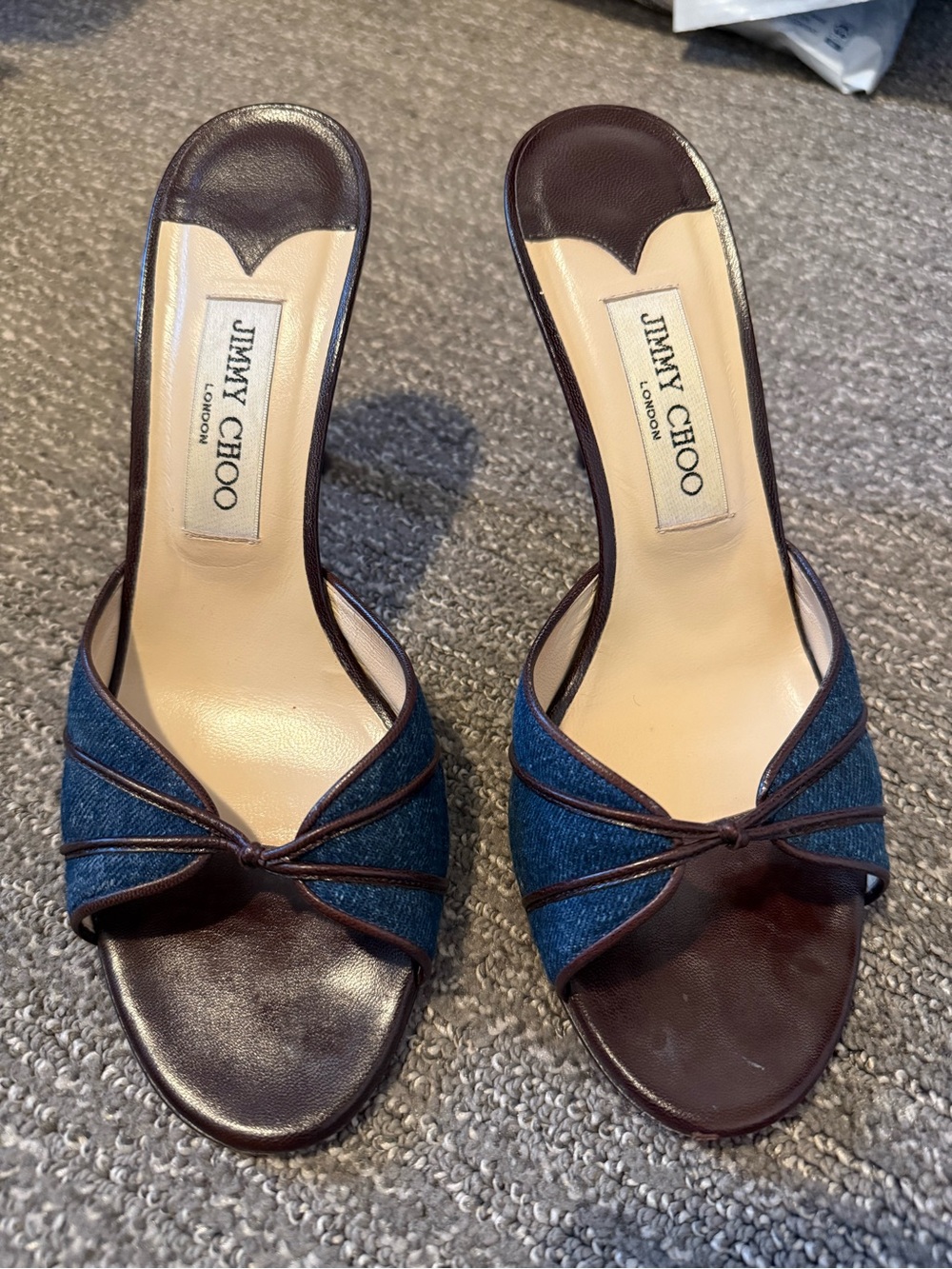 Jimmy Choo Blue Denim and Brown Leather Open-Toe Mule Slides